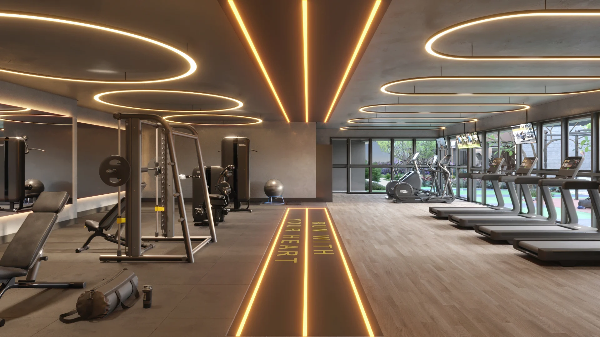 Academia de luxo com equipamentos modernos.