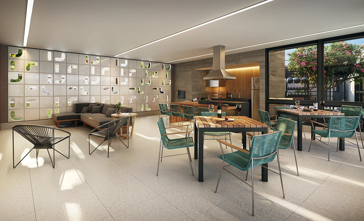 Salão de festas sofisticado com cozinha de chef.